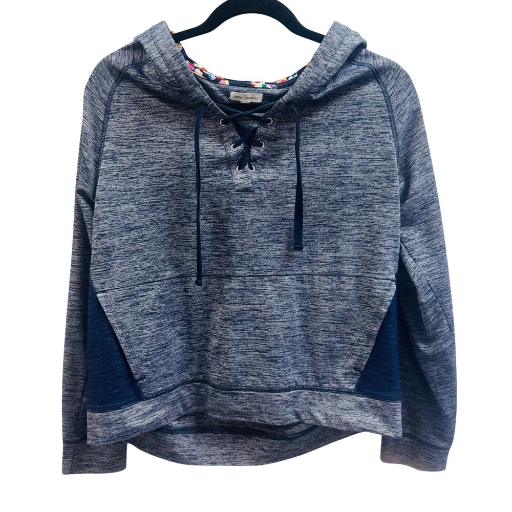 Vera Bradley Women Navy Blue Space Dye Lace Up Hoodie Floral Lining Sweatshirt